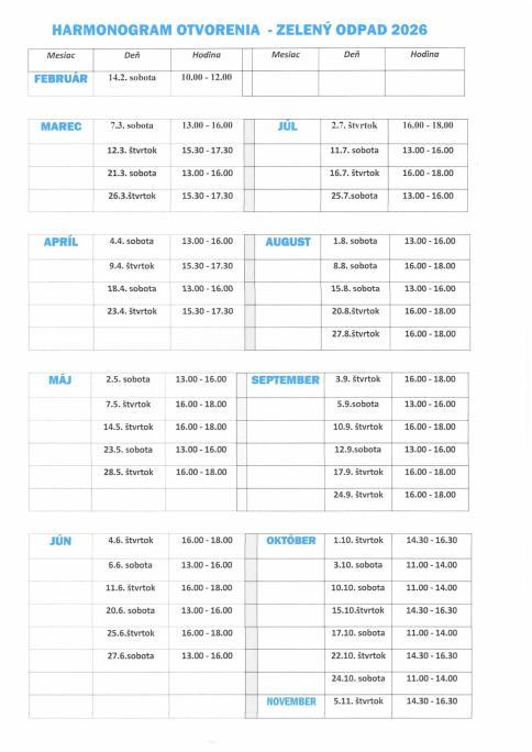 Harmonogram otvorenia zeleného dvora 